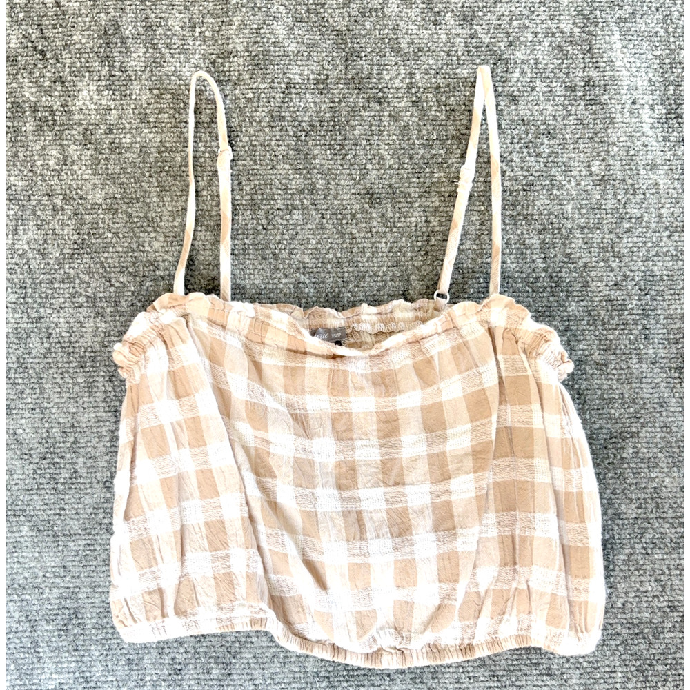 Aerie Plaid Cropped Tank XS Beige White Gingham Cotton Ruffle Cami Stretch